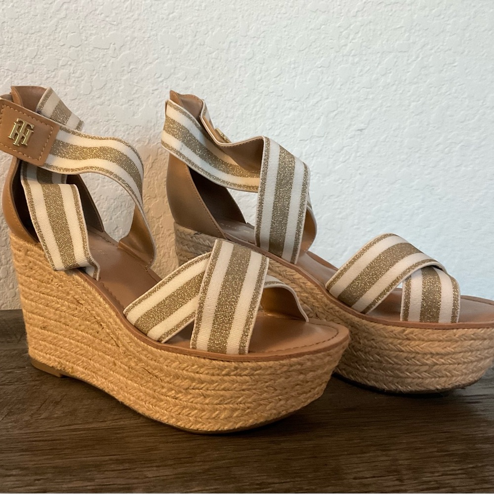 Tommy Hilfiger Beige Striped Wedge Sandals